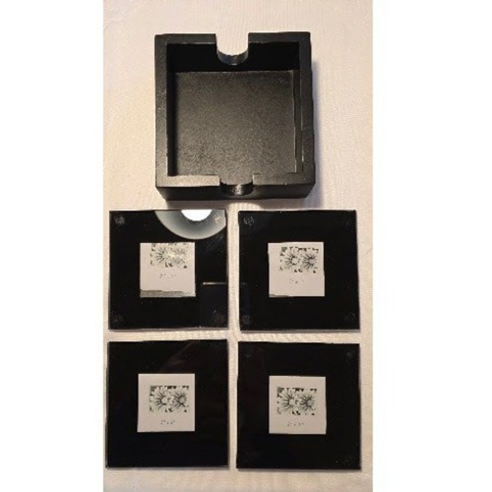 DIY Picture Frame Coaster Set Black Glass 4 Piece with Wood Holder 2x2 Photo